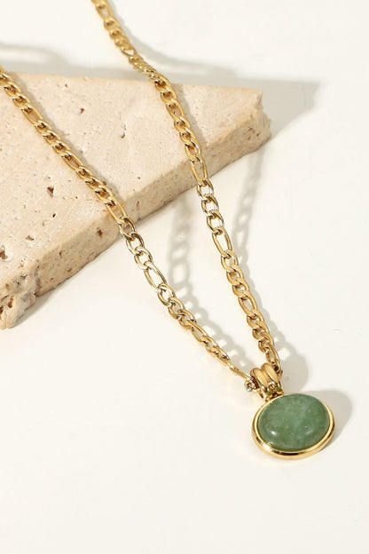 Beige Inlaid Stone Round Pendant Chain Necklace