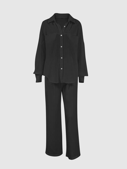 Dark Slate Gray Texture Button Up Long Sleeve Shirt and Pants Set Sentient Beauty Fashions Apparel &amp; Accessories