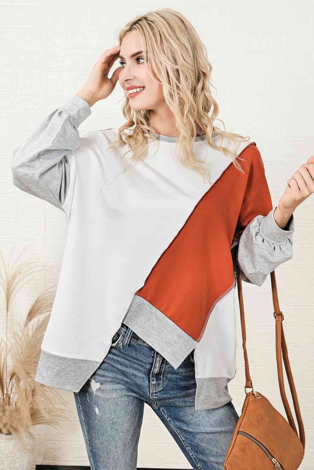 Light Gray Color Block Exposed Seam Asymmetrical Sweatshirt Sentient Beauty Fashions Apparel & Accessories