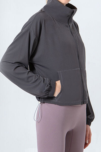 Dim Gray Drawstring Zip Up Dropped Shoulder Active Outerwear Sentient Beauty Fashions Apparel &amp; Accessories