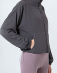 Dim Gray Drawstring Zip Up Dropped Shoulder Active Outerwear Sentient Beauty Fashions Apparel & Accessories