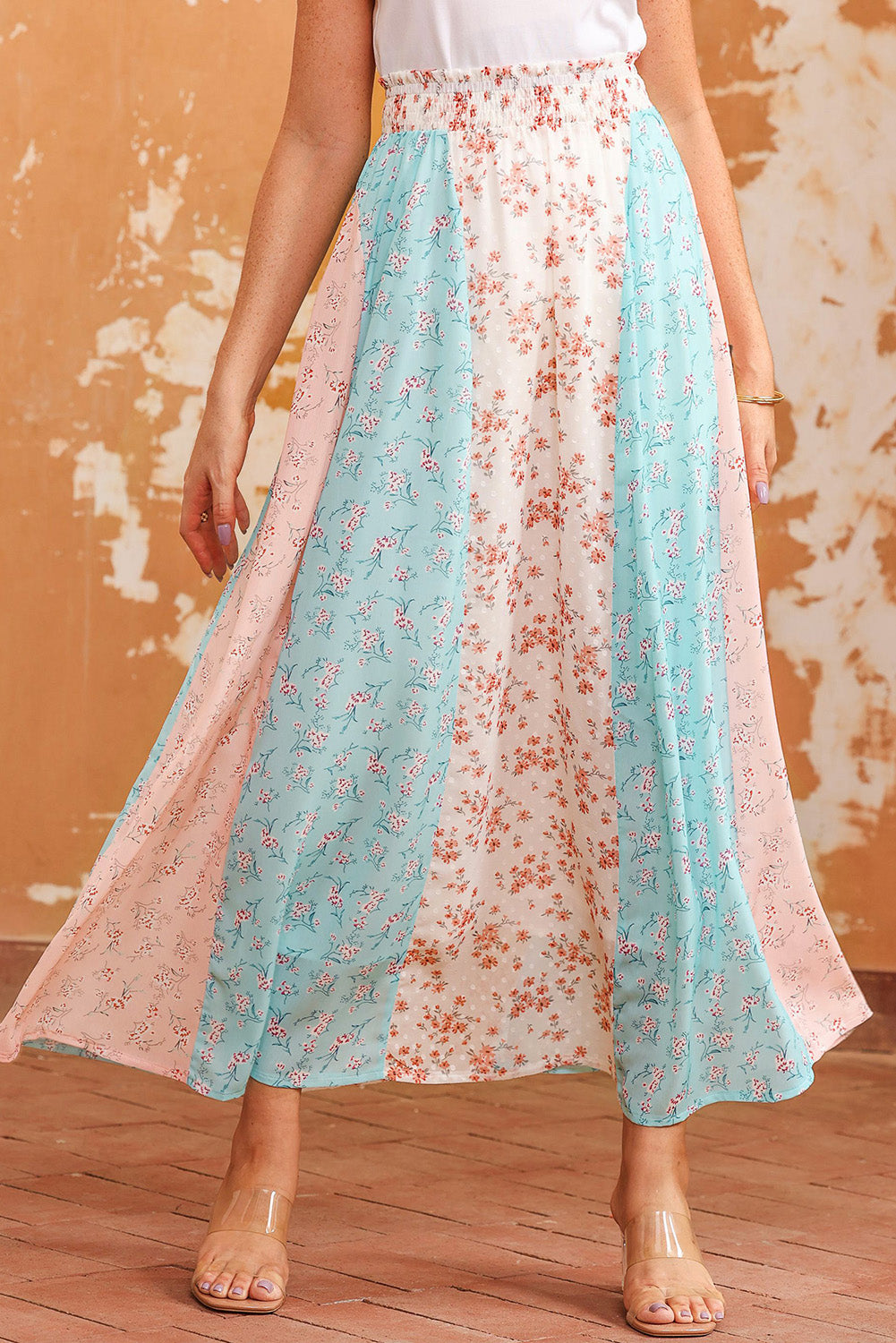 Tan Floral Color Block Smocked Waist Maxi Skirt