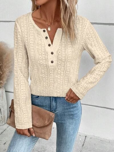 Light Gray Openwork Half Button Long Sleeve Blouse