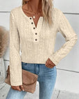 Light Gray Openwork Half Button Long Sleeve Blouse