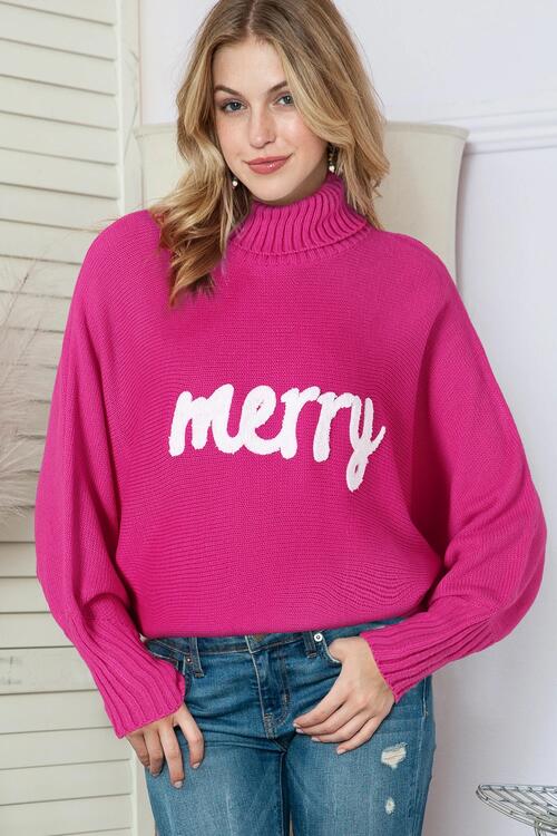 Gray Merry Letter Embroidered High Neck Sweater Sentient Beauty Fashions Apparel & Accessories
