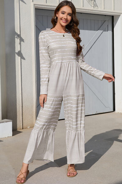 Dark Gray Striped Round Neck Long Sleeve Jumpsuit Sentient Beauty Fashions Apparel &amp; Accessories