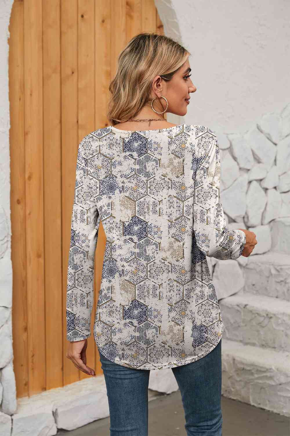 Tan Printed Square Neck Long Sleeve Blouse Sentient Beauty Fashions Apparel &amp; Accessories