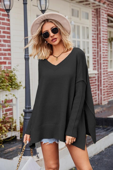 Dark Gray V-Neck Slit Exposed Seam Sweater Sentient Beauty Fashions Apparel & Accessories