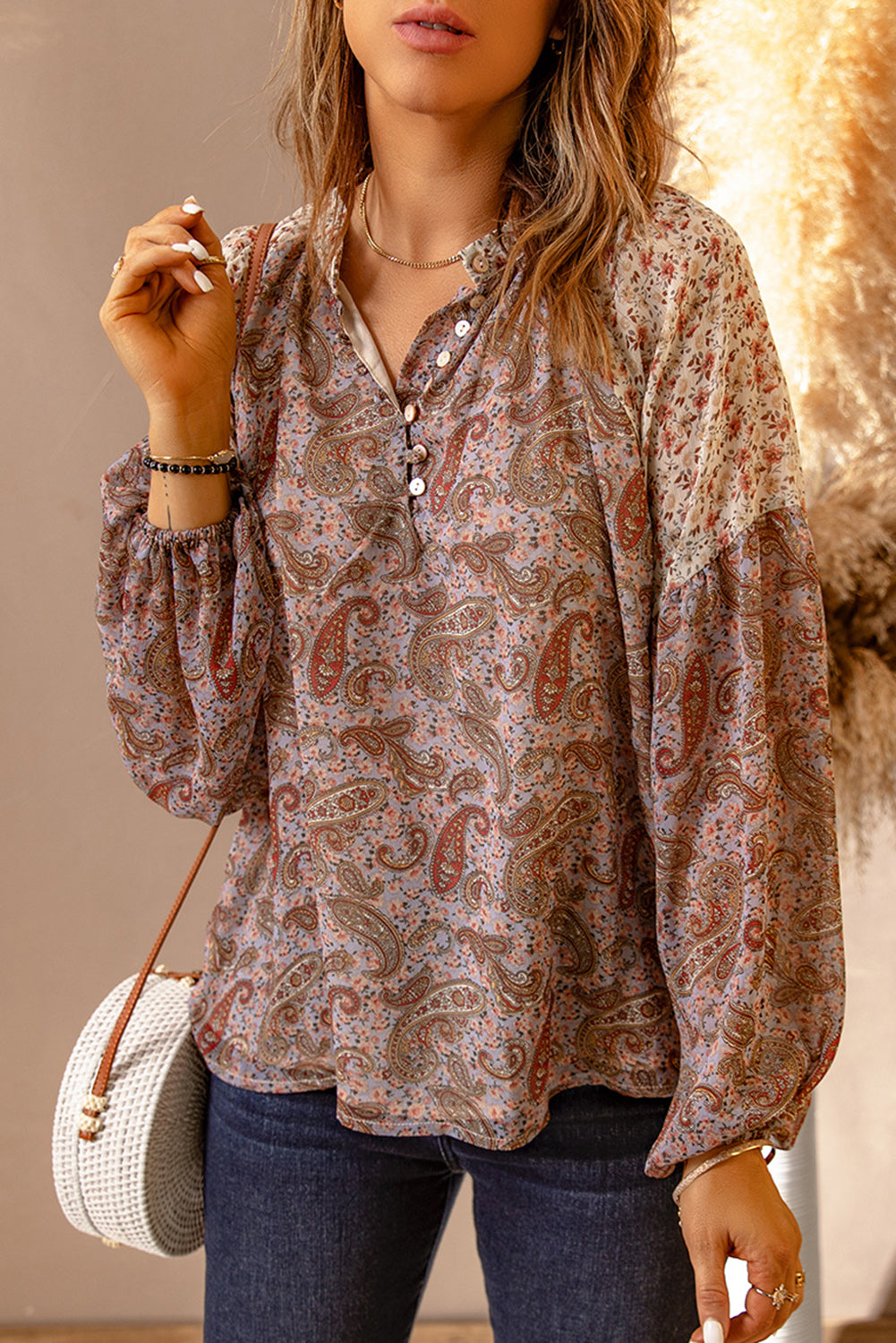 Rosy Brown Paisley Print Quarter Button Balloon Sleeve Blouse Sentient Beauty Fashions Tops