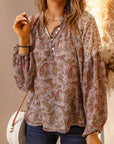 Rosy Brown Paisley Print Quarter Button Balloon Sleeve Blouse Sentient Beauty Fashions Tops