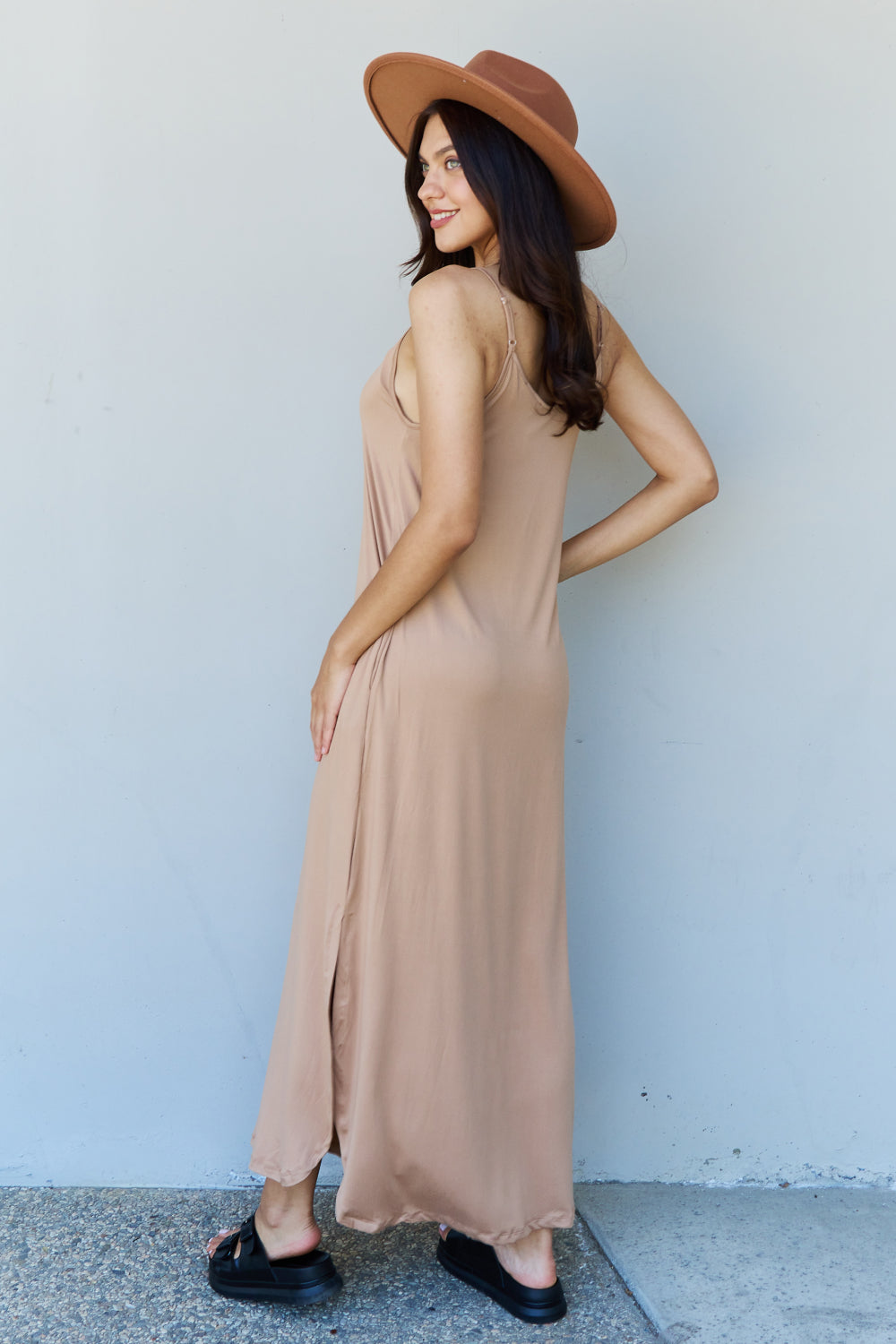 Gray Ninexis Good Energy Full Size Cami Side Slit Maxi Dress in Camel Sentient Beauty Fashions Apparel & Accessories