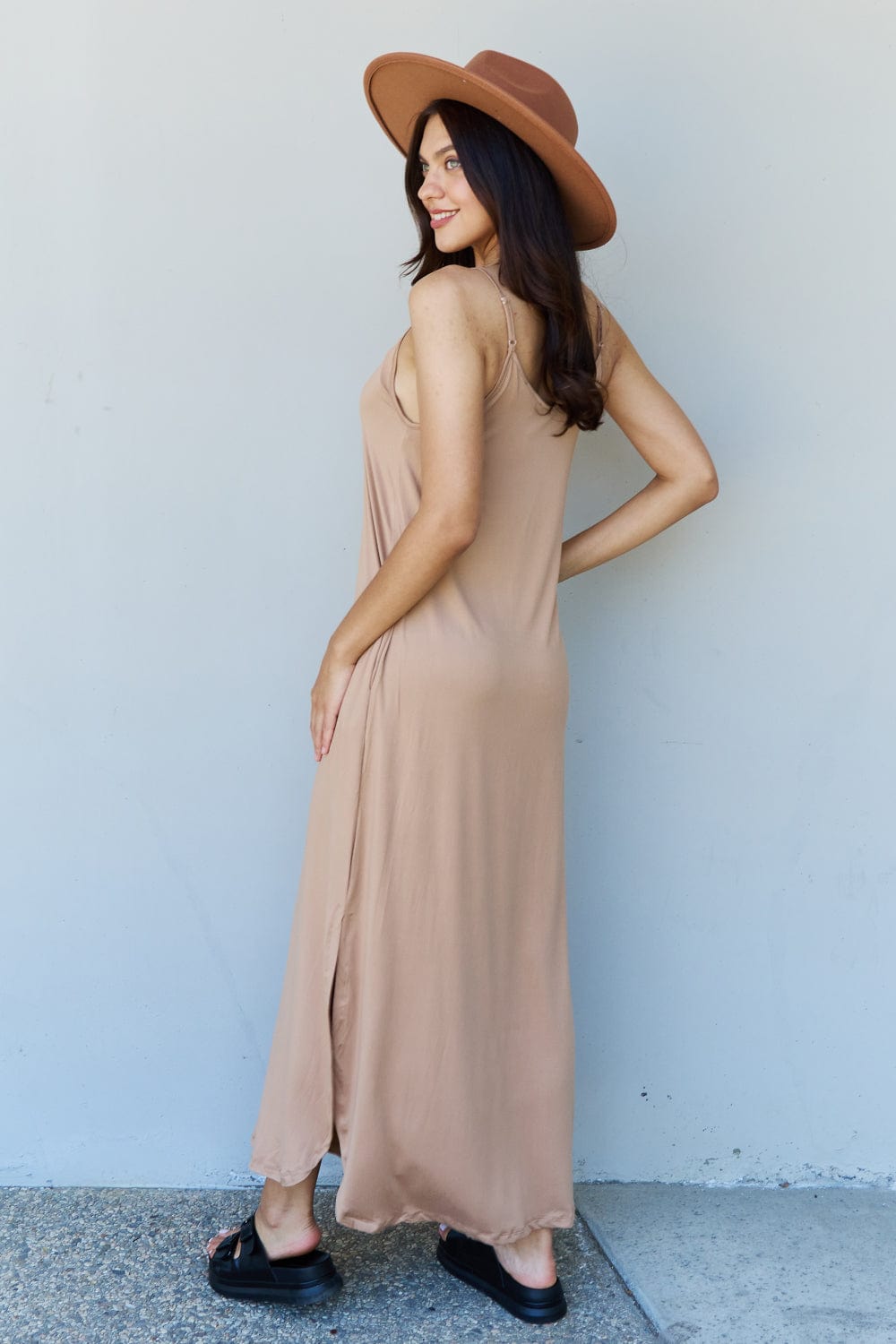 Gray Ninexis Good Energy Full Size Cami Side Slit Maxi Dress in Camel