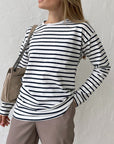 Gray Round Neck Striped Dropped Shoulder T-Shirt