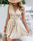Gray Buttoned V-Neck Sleeveless Mini Dress Sentient Beauty Fashions Apparel & Accessories