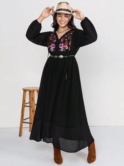 Black Plus Size Embroidered Tie Neck Long Sleeve Dress Sentient Beauty Fashions Apparel &amp; Accessories
