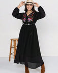 Black Plus Size Embroidered Tie Neck Long Sleeve Dress Sentient Beauty Fashions Apparel & Accessories