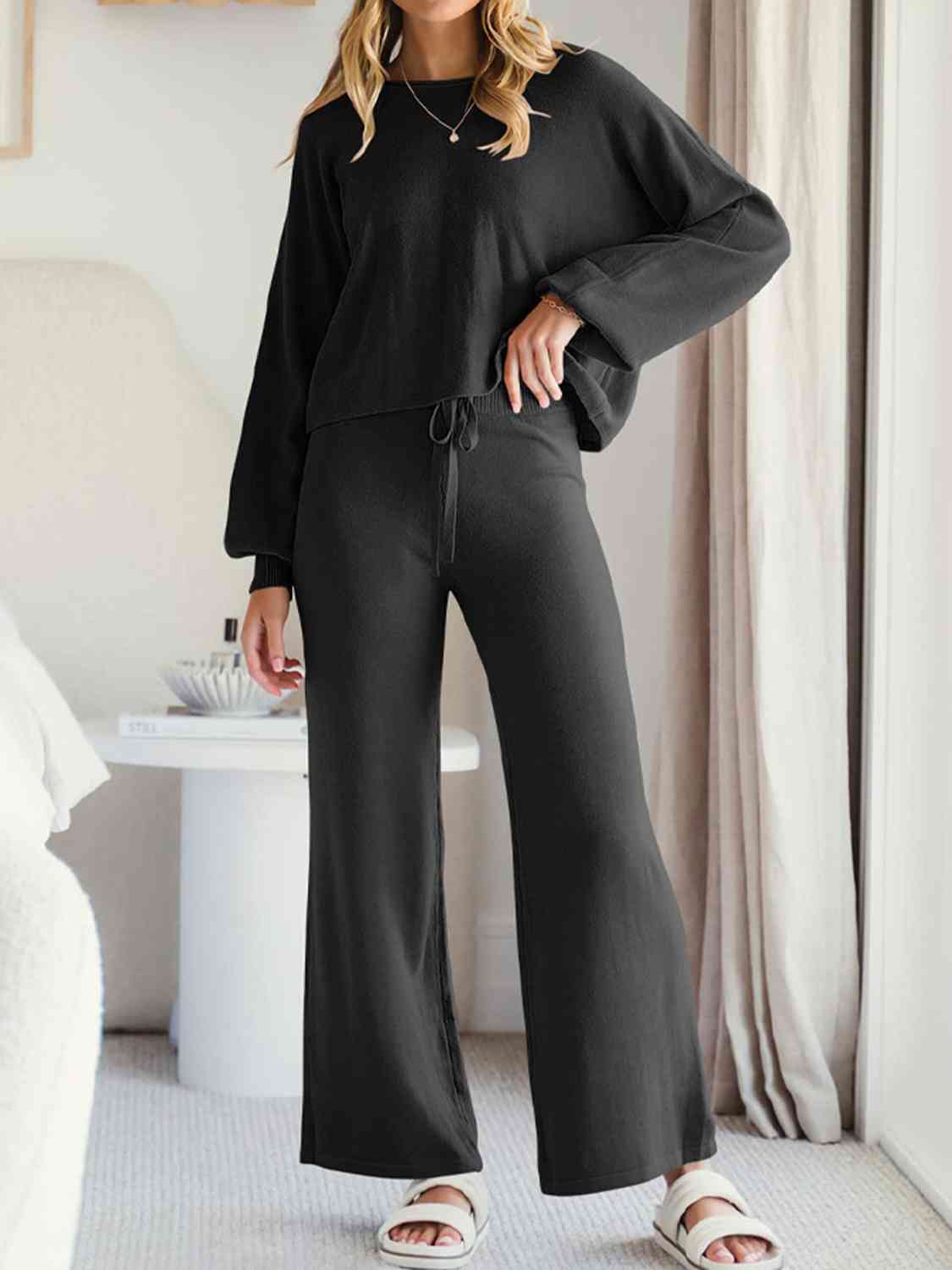 Dark Slate Gray Long Sleeve Lounge Top and Drawstring Pants Set