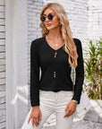 Gray Decorative Button Openwork V-Neck T-Shirt Sentient Beauty Fashions Apparel & Accessories