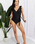 Light Gray Marina West Swim Full Size Float On Ruffle Faux Wrap One-Piece in Black Sentient Beauty Fashions Swimwear