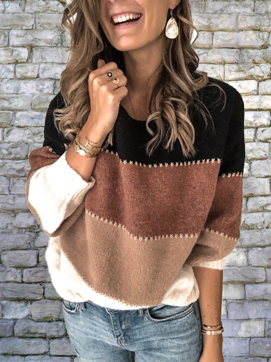 Rosy Brown Color Block Round Neck Sweater Sentient Beauty Fashions Apparel &amp; Accessories