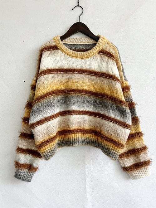 Light Gray Striped Round Neck Long Sleeve Sweater