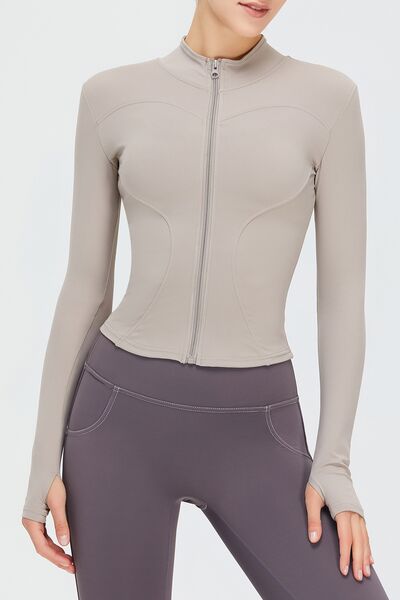 Light Gray Zip Up Mock Neck Active Outerwear Sentient Beauty Fashions Apparel &amp; Accessories