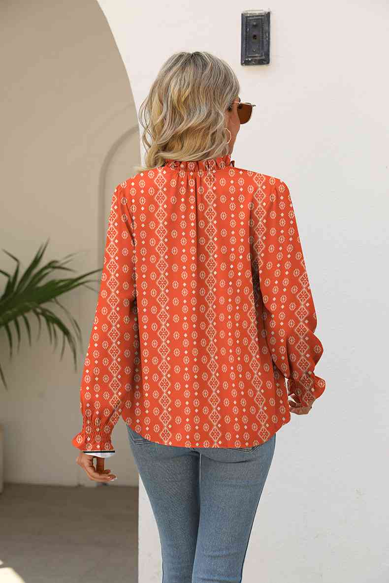 Rosy Brown Printed Tie Neck Flounce Sleeve Blouse