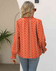 Rosy Brown Printed Tie Neck Flounce Sleeve Blouse Sentient Beauty Fashions Apparel & Accessories