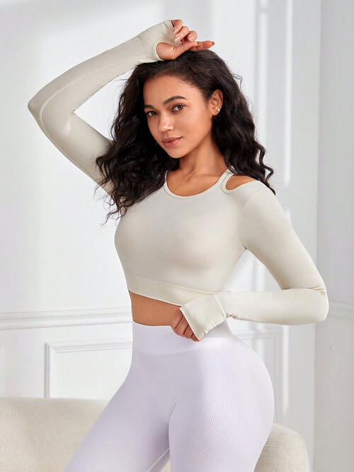 Light Gray Cutout Round Neck Long Sleeve Active Top Sentient Beauty Fashions Activewear