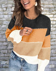 Rosy Brown Color Block Round Neck Sweater Sentient Beauty Fashions Apparel & Accessories