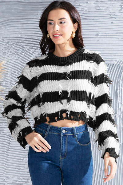 Gray Striped Fringe Round Neck Sweater Sentient Beauty Fashions Apparel & Accessories