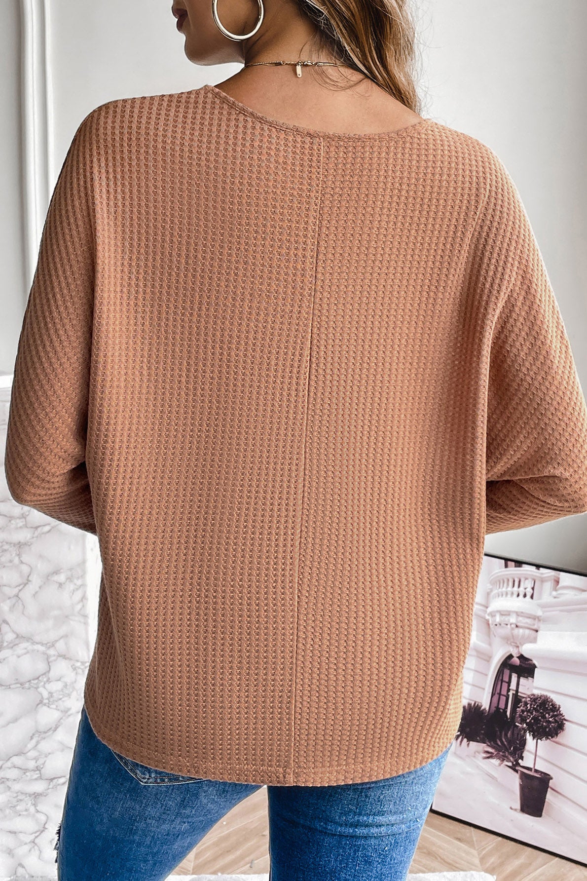 Rosy Brown Waffle-Knit Round Neck Top Sentient Beauty Fashions Apparel & Accessories