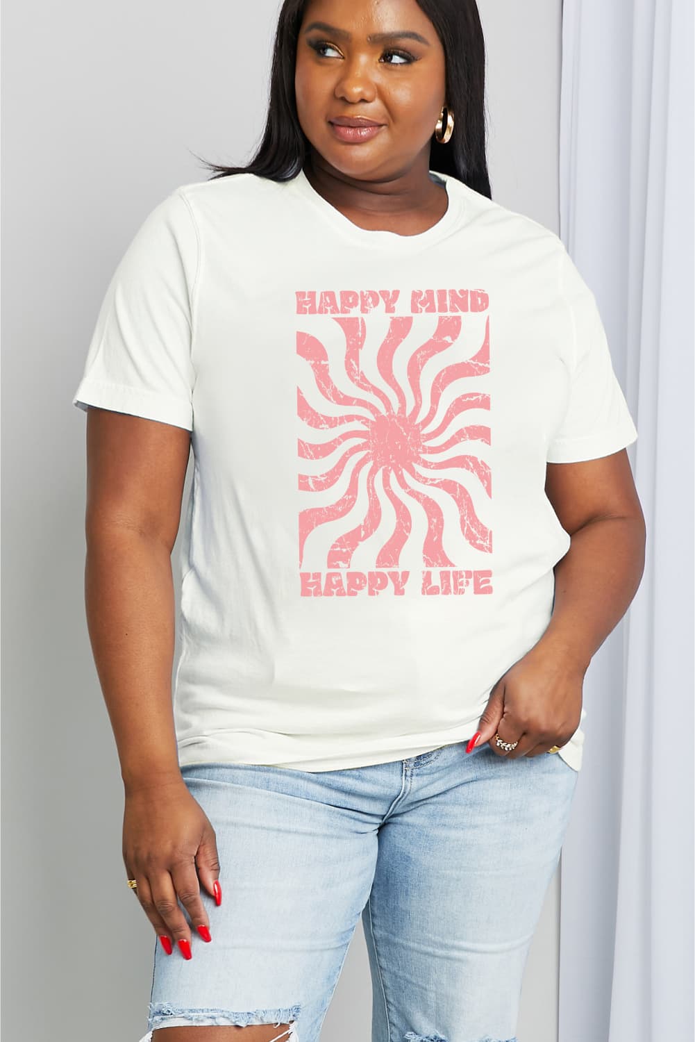 Light Gray Simply Love Full Size HAPPY MIND HAPPY LIFE Graphic Cotton Tee Sentient Beauty Fashions Apparel &amp; Accessories