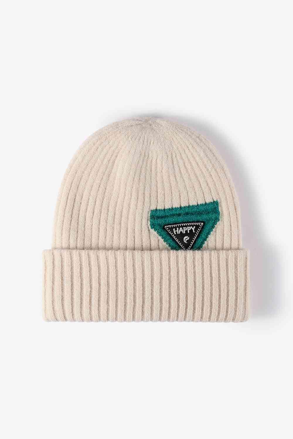 Beige HAPPY Contrast Beanie