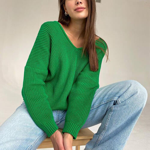 Forest Green V-Neck Dropped Shoulder Long Sleeve Sweater Sentient Beauty Fashions Apparel &amp; Accessories