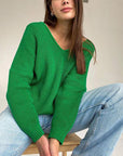 Forest Green V-Neck Dropped Shoulder Long Sleeve Sweater Sentient Beauty Fashions Apparel & Accessories