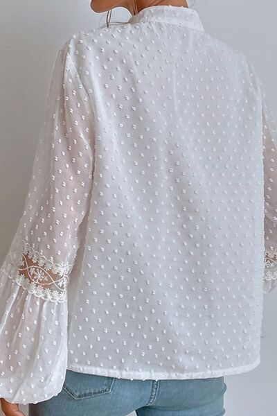 Gray Swiss Dot Lace Detail Tie Neck Shirt Sentient Beauty Fashions Apparel &amp; Accessories