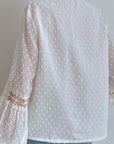 Gray Swiss Dot Lace Detail Tie Neck Shirt Sentient Beauty Fashions Apparel & Accessories