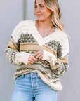 Gray Geometric V-Neck Dropped Shoulder Sweater