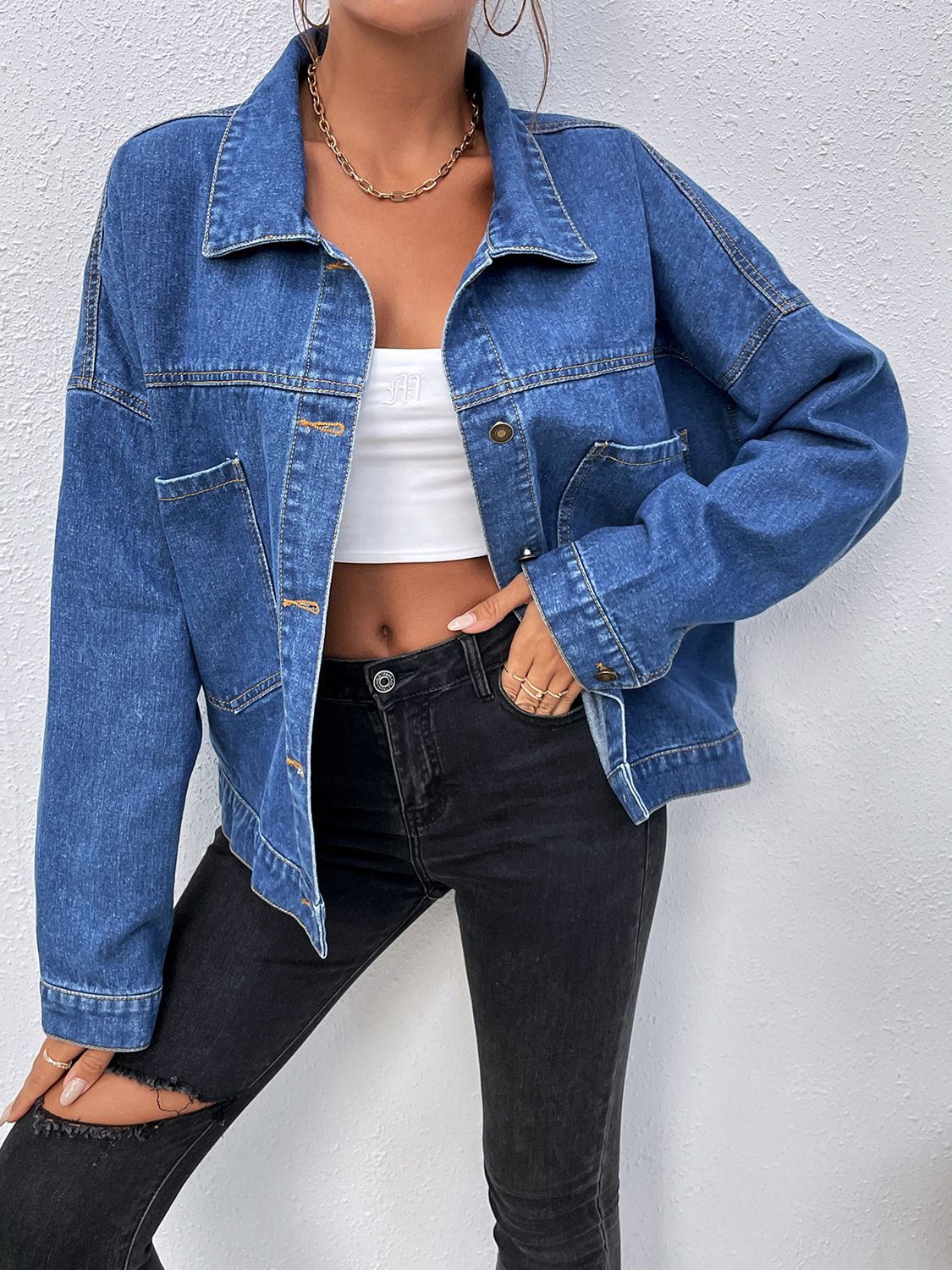 Light Gray Collared Neck Dropped Shoulder Denim Jacket Sentient Beauty Fashions Apparel &amp; Accessories