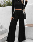 Black Ribbed Round Neck Top and Wide-Leg Pants Set Sentient Beauty Fashions Apparel & Accessories
