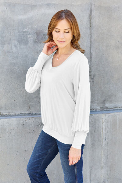 Gray Basic Bae Full Size V-Neck Lantern Sleeve Blouse Sentient Beauty Fashions Apparel &amp; Accessories