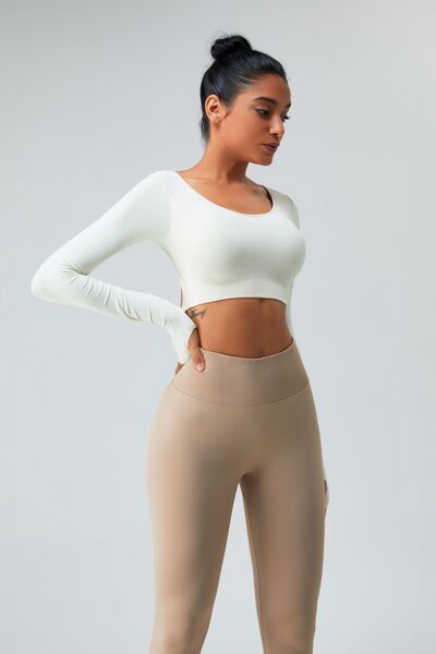 Light Gray Cutout Round Neck Long Sleeve Active T-Shirt Sentient Beauty Fashions Apparel &amp; Accessories