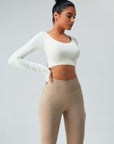 Light Gray Cutout Round Neck Long Sleeve Active T-Shirt Sentient Beauty Fashions Apparel & Accessories