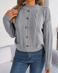 Gray Cable-Knit Buttoned Round Neck Sweater Sentient Beauty Fashions Apparel & Accessories