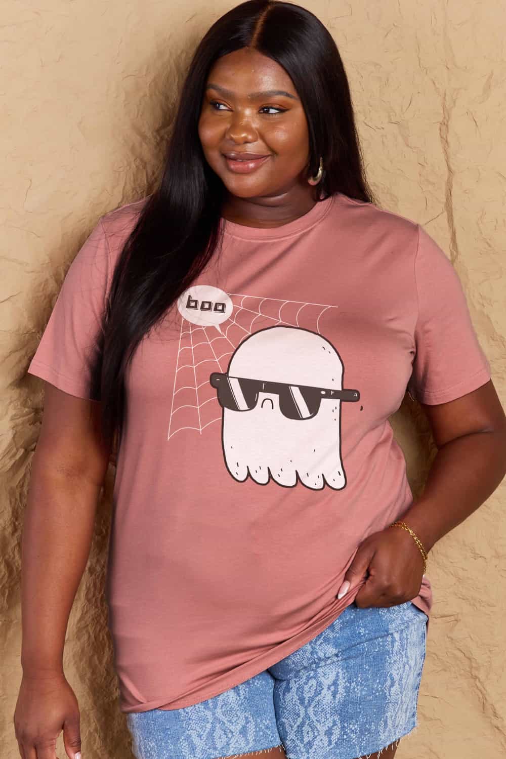 Rosy Brown Simply Love Full Size BOO Graphic Cotton Tee Sentient Beauty Fashions Apparel &amp; Accessories