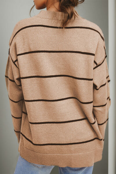 Rosy Brown Striped Round Neck Dropped Shoulder Sweater Sentient Beauty Fashions Apparel &amp; Accessories