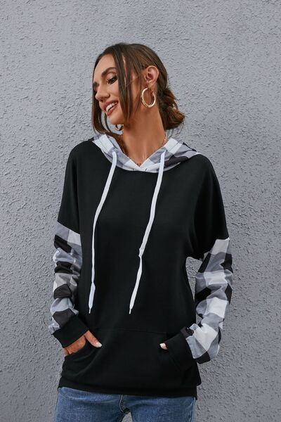 Light Slate Gray Plaid Drawstring Dropped Shoulder Hoodie Sentient Beauty Fashions Apparel &amp; Accessories
