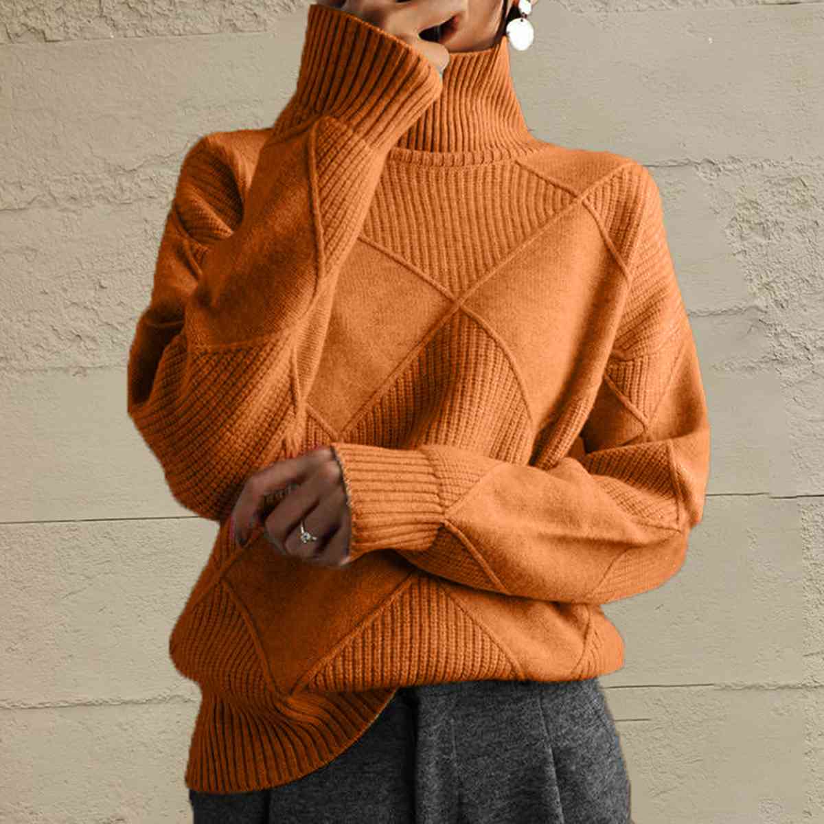 Rosy Brown Geometric Turtleneck Long Sleeve Sweater Sentient Beauty Fashions Tops