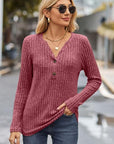 Dim Gray Ribbed Half Button Long Sleeve Knit Top